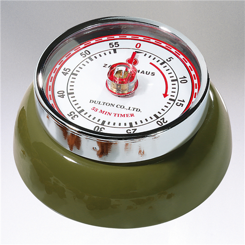 Adorable retro style kitchen timer in the shade, olive. Super strong magnetic back, classic red markings, and turn dial to set the time up to 60 minutes.