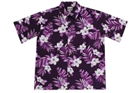 Mens purple Hawaiian shirt with hibiscus flowers and fronds in a allover print