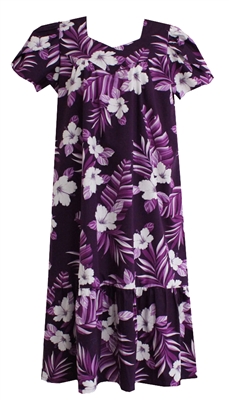 Womens purple mid-calf Hawaiian muumuu dress with white hibiscus flowers and torn banana leaf allover