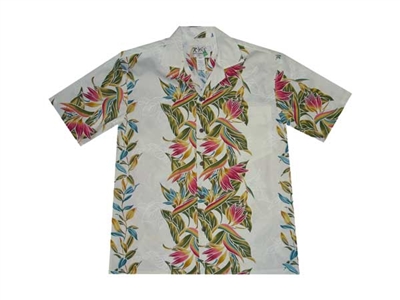 Mens creme colored Aloha shirt with bird of paradise flowers and fronds running vertically