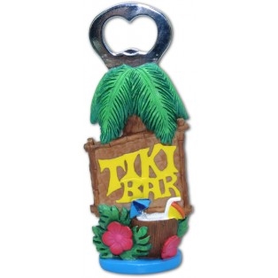 Bottle opener decorated with tropical flowers, a drink in a coconut, thatch roof and of course a Tiki Bar Sign!