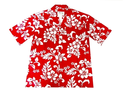 Mens red Aloha shirt with a traditional red and white hibiscus flower print allover the shirt.