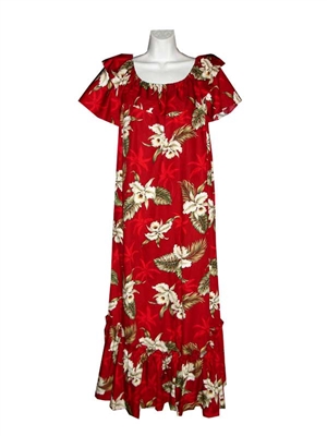 Womens long Hawaiian muumuu dress with white orchid flowers and leaf allover