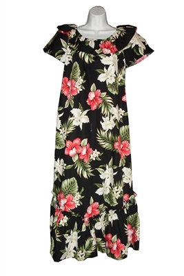 Womens long Hawaiian muumuu dress with multi-color tropical flowers allover