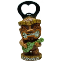 Standup, wood colored tiki bottle opener playing a green ukulele, with the words Hawaii on the base