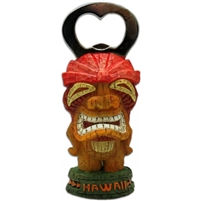 Menehune Tiki bottle opener. The tiki is natural wood colored and is smiling and has long red hair and the word hawaii on the green base.