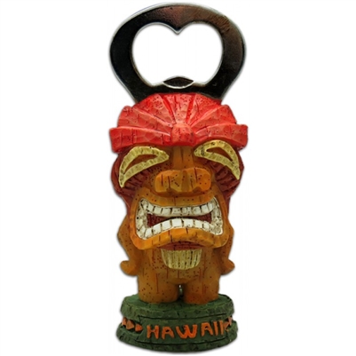 Menehune Tiki bottle opener. The tiki is natural wood colored and is smiling and has long red hair and the word hawaii on the green base.