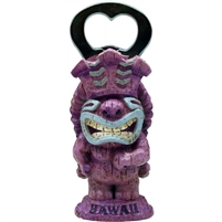 Purple tiki bottle opener named imuna, big smile, wearing a crown with long hawaiian hair. The tiki statue opener stands upright and has the word hawaii on the base.