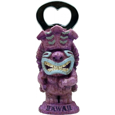 Purple tiki bottle opener named imuna, big smile, wearing a crown with long hawaiian hair. The tiki statue opener stands upright and has the word hawaii on the base.