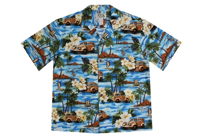 Mens blue Aloha shirt with Woodie cars, hibiscus flowers and Hawaiian islands