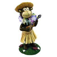 Hula Monkey dashboard doll playing a ukulele and wearing a multicolor Hawaiian lei