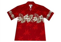 KYs red mens Aloha shirt with hibiscus flowers on sleeves, chest-band and back