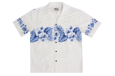 Mens white Aloha shirt with navy blue leafs and flowers on chestband, back and sleeves