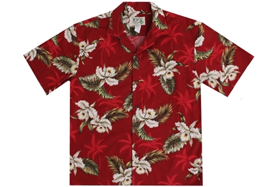 Red men's Aloha shirt with brighter red silhouettes of palm trees, with attractive white orchid flowers allover and foliage in differing hues of green.