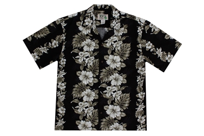 Mens black Aloha shirt with a traditional vertical flora and leaf design