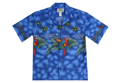 Mens blue Aloha shirt with multicolored parrots on the chestband, back and sleeves