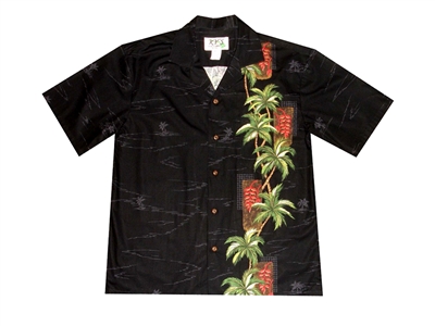 Beautiful silhouetted black Aloha shirt with a palm tree side panel and matching pocket.
