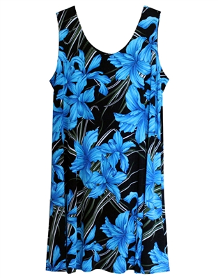 Short sleeveless tank dress with vividly colored turquoise flowers in a allover print design on black material.