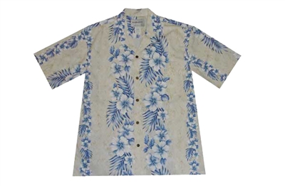 Milson marbled womens blue aloha shirt with hibiscus flower and leaf