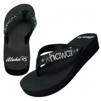 Womens Rhinestone Hawaii Black Flip Flops