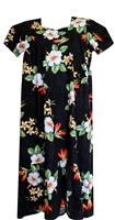 Womens black mid-calf length Hawaiian muumuu dress with orange bird of paradise flowers and white hibiscus flowers allover