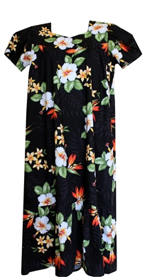 Womens black mid-calf length Hawaiian muumuu dress with orange bird of paradise flowers and white hibiscus flowers allover