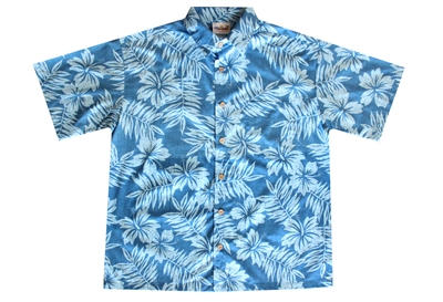 Mens blue Hawaiian shirt with a distressed leaf and flower design, in a all-over print