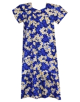 Blue Hawaiian muumuu with white and yellow plumeria flowers and silhouetted blue plumeria in the background.