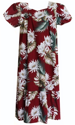 Womens maroon colored mid-calf Hawaiian muumuu dress with cereus flowers and tropical foliage