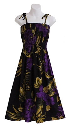 Short Hawaiian print summer dress with purple hibiscus flowers with bronze colored palm leaf and monstera leaf on black fabric