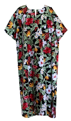 Womens Hawaiian print kaftan with multi color tropical flowers and foliage allover