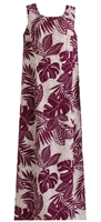 Womens long eggplant (purple) Hawaiian tank dress with a zippered back and a allover tropical leaf print