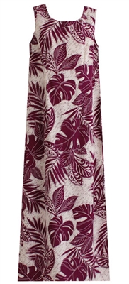 Womens long eggplant (purple) Hawaiian tank dress with a zippered back and a allover tropical leaf print