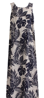 Womens long indigo (blue) Hawaiian tank dress with zippered back and a allover tropical leaf design