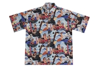 Mens Hawaiian shirt with pin-up surfer girls sitting on red Woodie cars