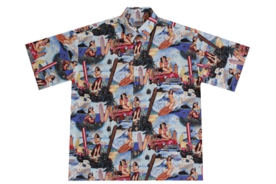 Mens Hawaiian shirt with pin-up surfer girls sitting on red Woodie cars