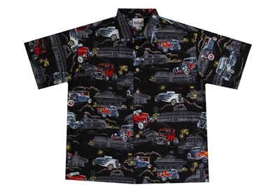 Mens black Hawaiian shirt with colorfull hot rod cars and 50s diners