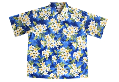 Blue mens Hawaiian shirt with white and yellow plumeria flowers, in a allover design.