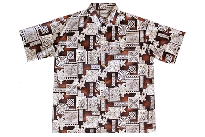 Brown mens Hawaiian shirt with sea turtles and Polynesian symbols