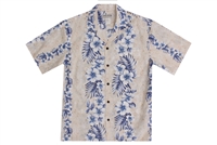 Mens cream Aloha shirt with a marble pattern and hibiscus flowers