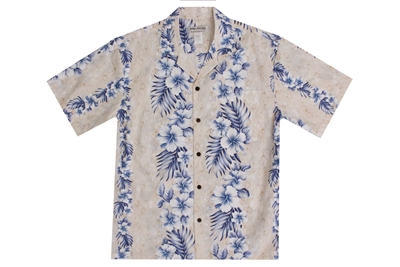 Mens cream Aloha shirt with a marble pattern and hibiscus flowers