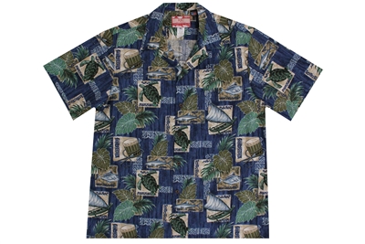 Mens North Shore Hawaiian shirt with outrigger canoes and fish