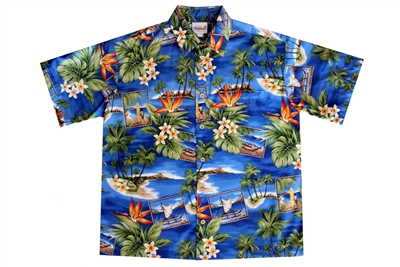 Mens blue Hawaiian shirt depicting the island of Oahu. Includes images of canoes, bird of paradise flowers and Hawaiian islands.