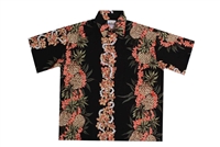 Mens black rayon Hawaiian shirt with vertical bands of golden pineapples and red coral flowers