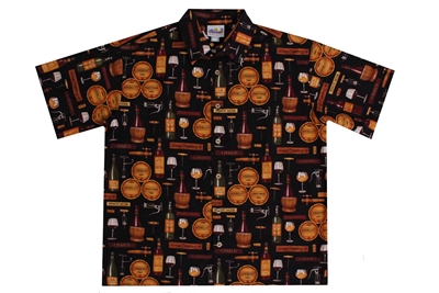 Black mens wine themed Hawaiian shirt with corks, casks and wine bottles