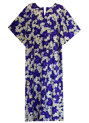 Womens mid-calf length purple Hawaiian print Kaftan with plumeria flowers allover