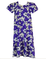 Royal purple Hawaiian muumuu with white and yellow plumeria flowers and silhouetted purple plumeria in the background.