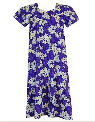 Royal purple Hawaiian muumuu with white and yellow plumeria flowers and silhouetted purple plumeria in the background.