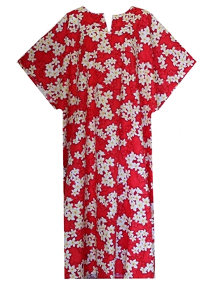 Red mid-calf length kaftan dress with plumeria flowers in a very comfortable one-size fits all style.