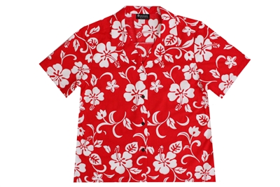 Womens red Aloha shirt with white hibiscus flowers in a allover print